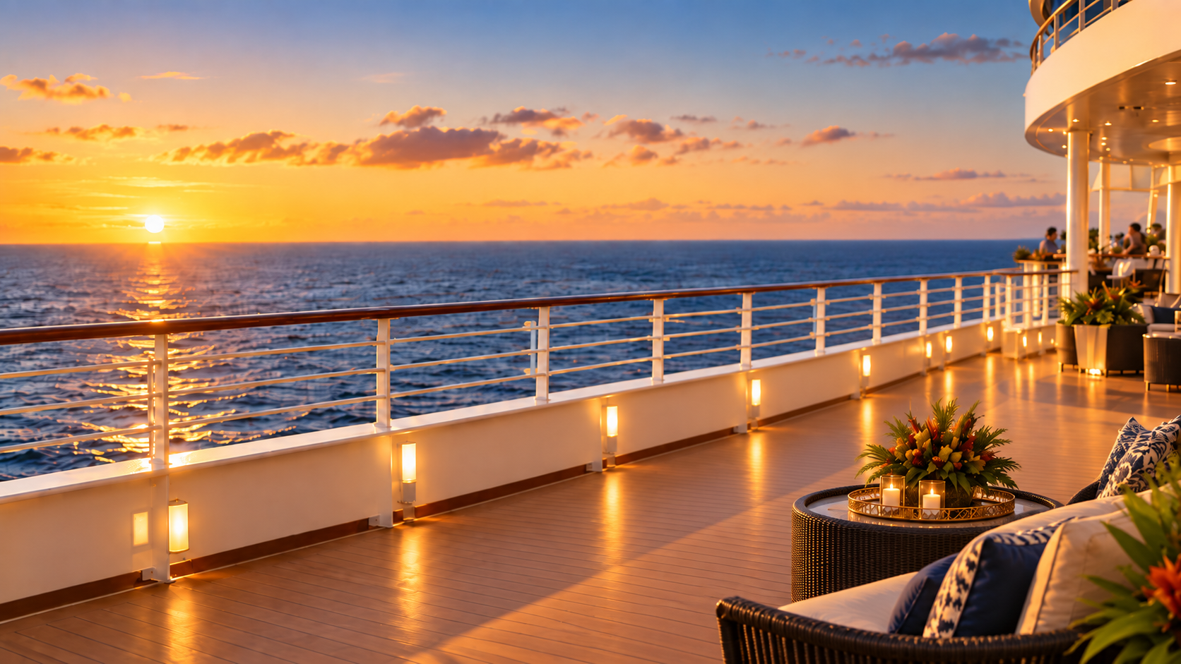 Family gathered together on deck at sunset